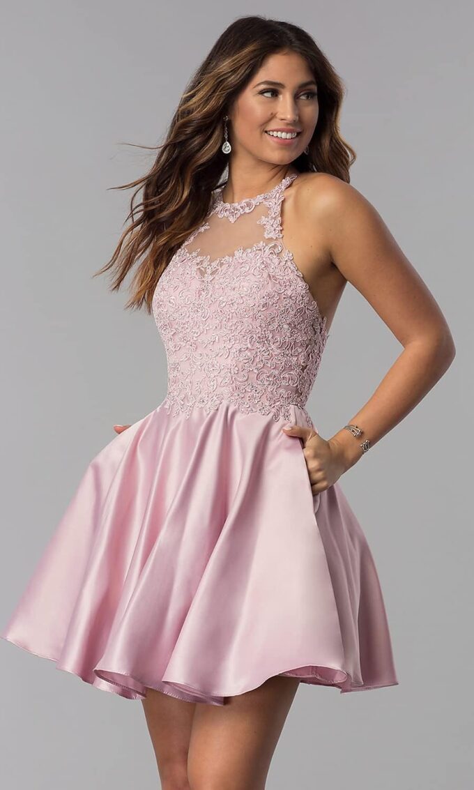 Satin Lace-Applique Homecoming Dresses Short with Pockets Halter Cocktail Dresses for Teens WD029 – Bild 3