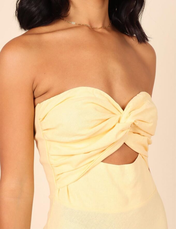 Fiemaoves Sexy Twist Front Strapless Sweetheart Neckline Midi Dresses for Women Smocked Cutout Tube Linen Dress Wedding Guest – Bild 3