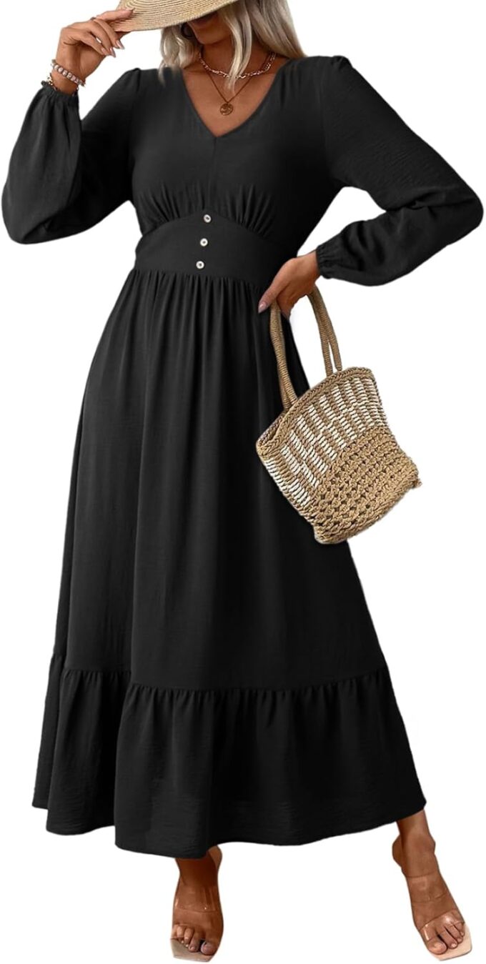 Dokotoo Womens Dresses Fashion 2025 Long Sleeve V Neck Maxi Dresses Elegant Casual Flowy Tiered Boho Beach Vacation Outifits