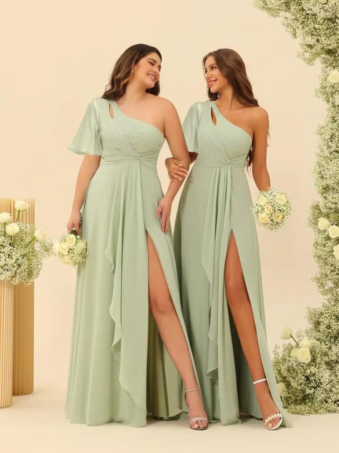 Women's Short Sleeves Chiffon Bridesmaid Dresses with Pockets 2025 Pleated Aline Formal Evening Dresses with Slit DE340 – Bild 4