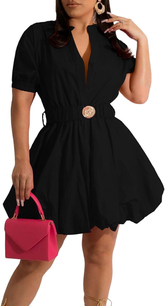 ENOPINK Womens Mini Dress Puff Sleeve Dresses 2025 Button Down Split V Neck High Waist Party Clubwear with Belt