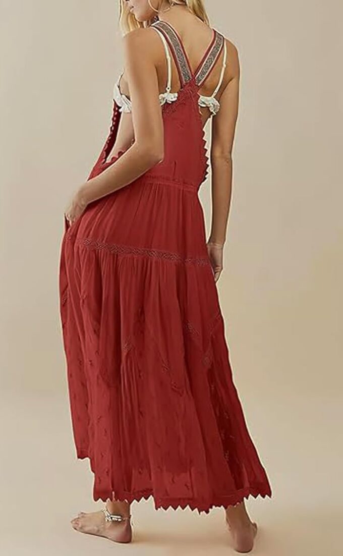utcoco Women's Summer Laced Embroidered Tulle Bib Overall Dress Casual Loose Adjustable Straps Sleeveless Maxi Dress – Bild 2