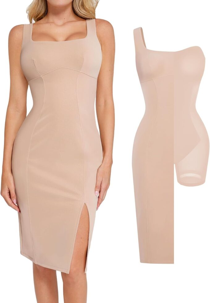 Popilush Leather Dress with Built in Shapewear Square Neck Slit Midi Dresses Faux Leather Concert Club Outfits