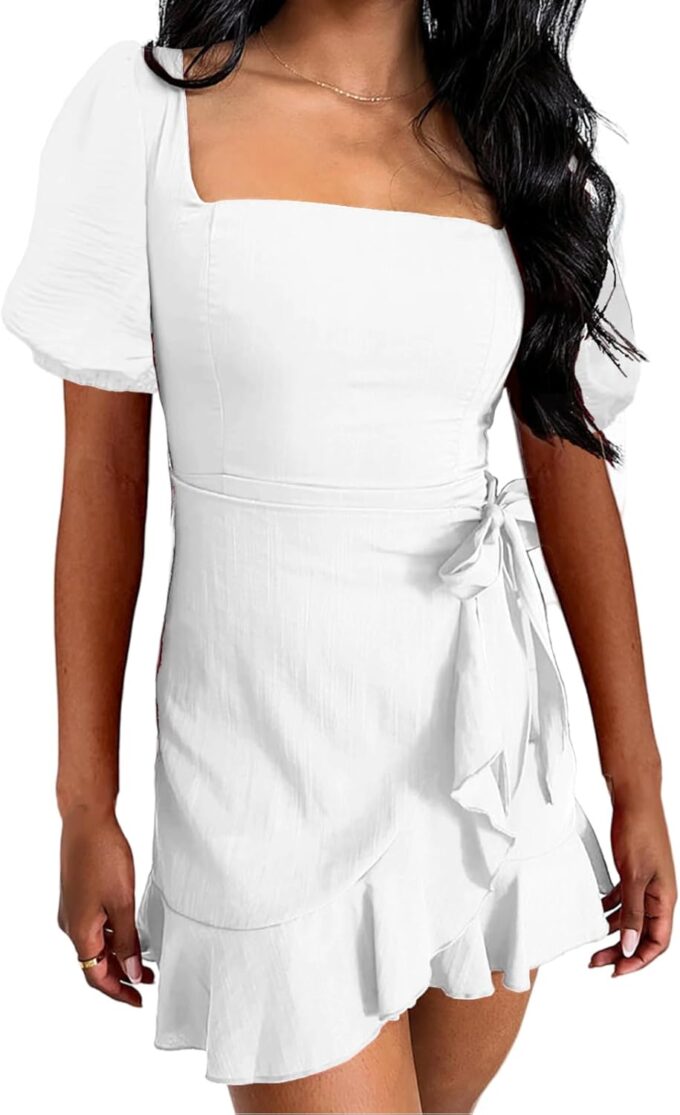 Summer Dress for Women 2025 Square Neck Short Sleeve Ruffled Casual Mini Wrap Dress