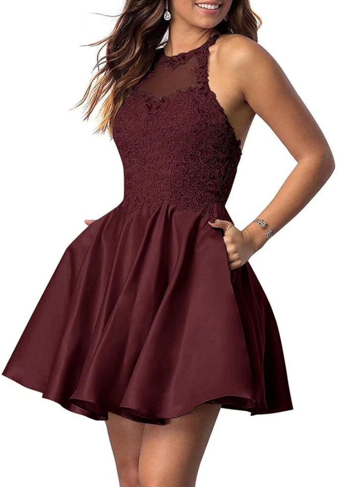 Women's Homecoming Dresses Satin Cocktail Dresses with Pockets for Teens Halter Applique Lace Short Prom Dresses