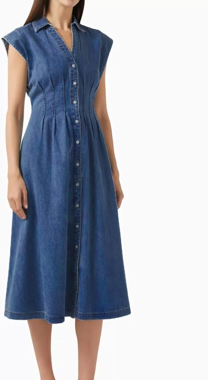Women's Summer Denim Shirt Dress Lapel V Neck Cap Sleeve Jean Dress Button Down A-Line Long Dresses – Bild 3