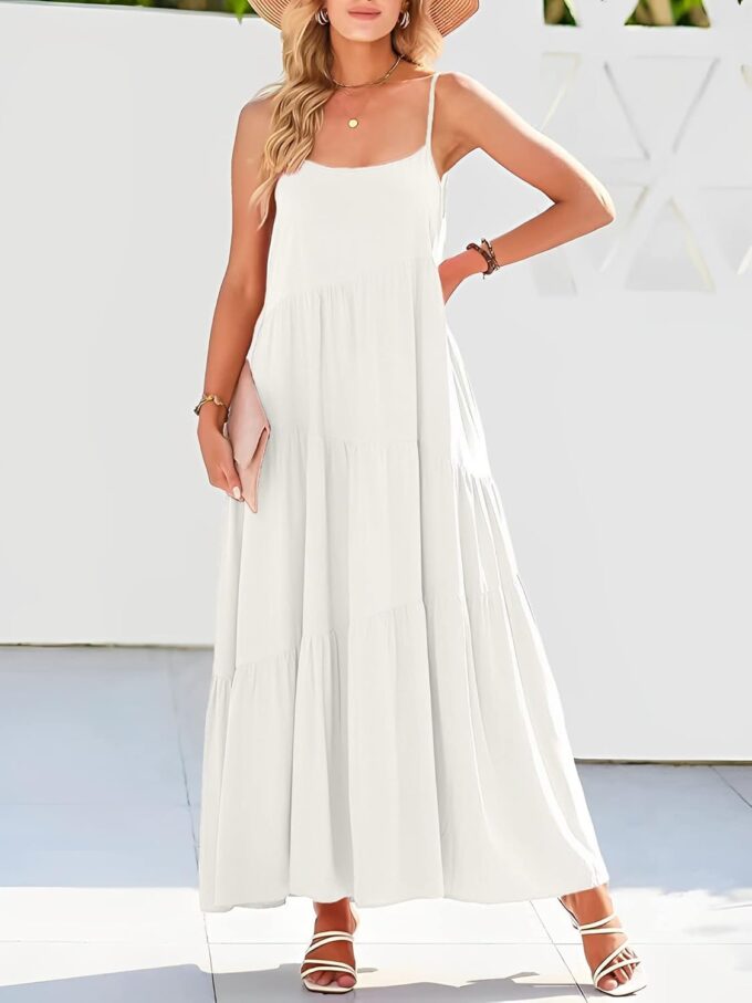 Womens Summer Dresses Loose Sleeveless Spaghetti Strap Asymmetric Tiered Maxi Dress – Bild 2