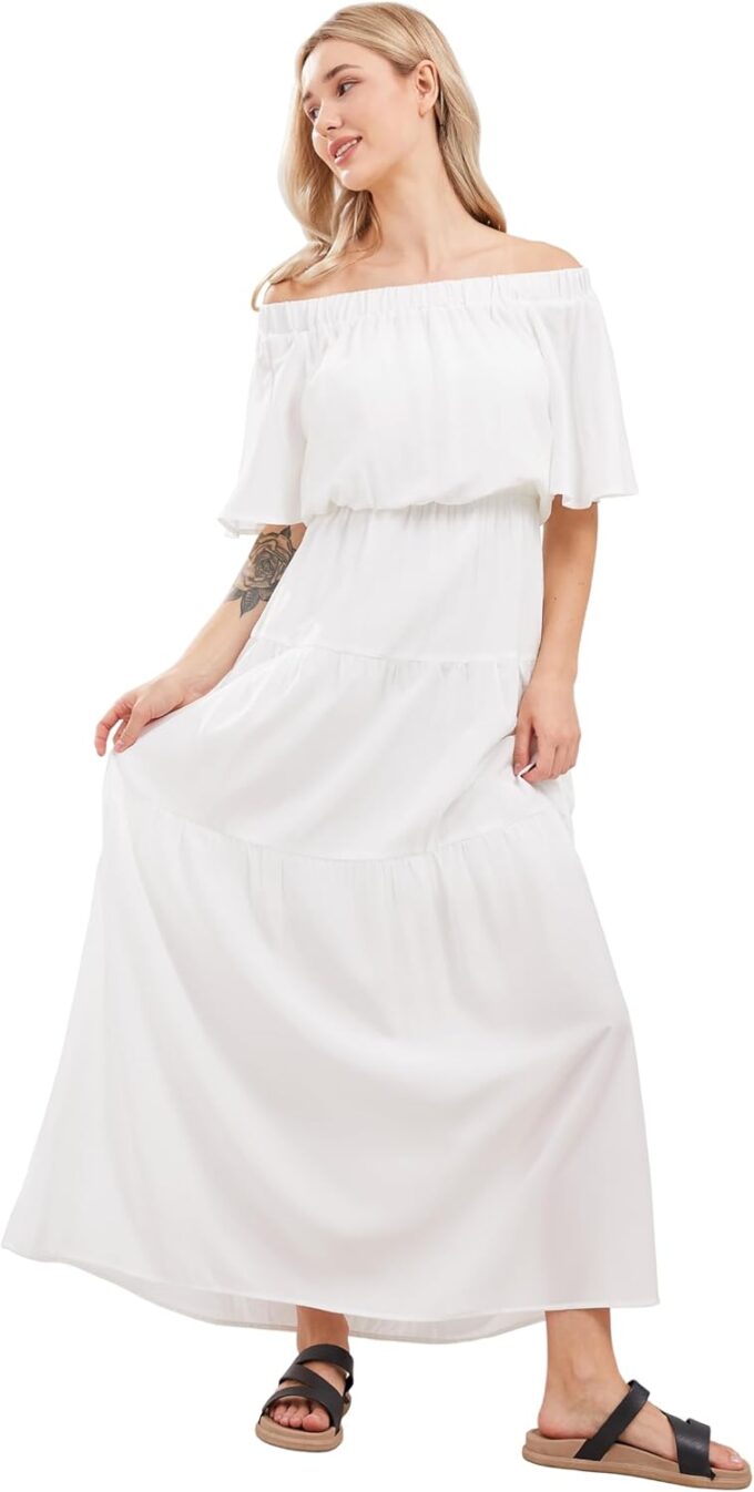 loveimgs Women's Summer Off Shoulder Ruffle Cotton Dress Short Sleeve Mid Rise Beach Boho Long Maxi Dress – Bild 4