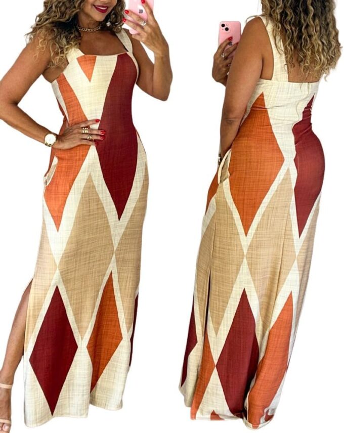 CHICME Women's Summer Maxi Dress Casual Thick Strap Square Neck Boho Sundress Split Vacation Dresses with Pockets