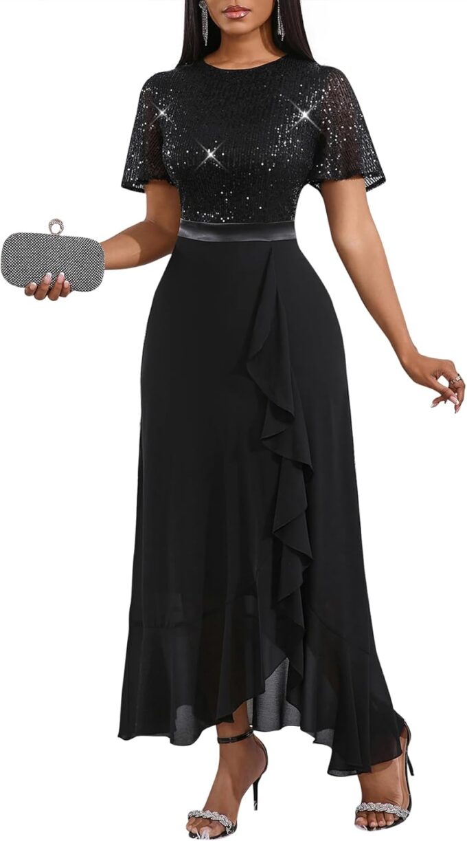 Cololura Women Elegant Sexy Sequin Sequin Lace Tulle Chiffon Formal Evening Cocktail Prom Party Maxi Dress