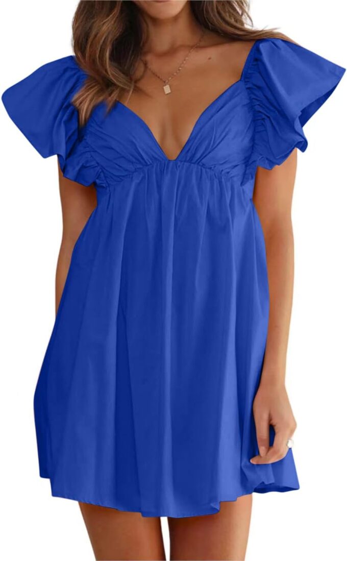 Women's Butterfly Flounce Sleeve Bow Tie Back Mini Babydoll Dress