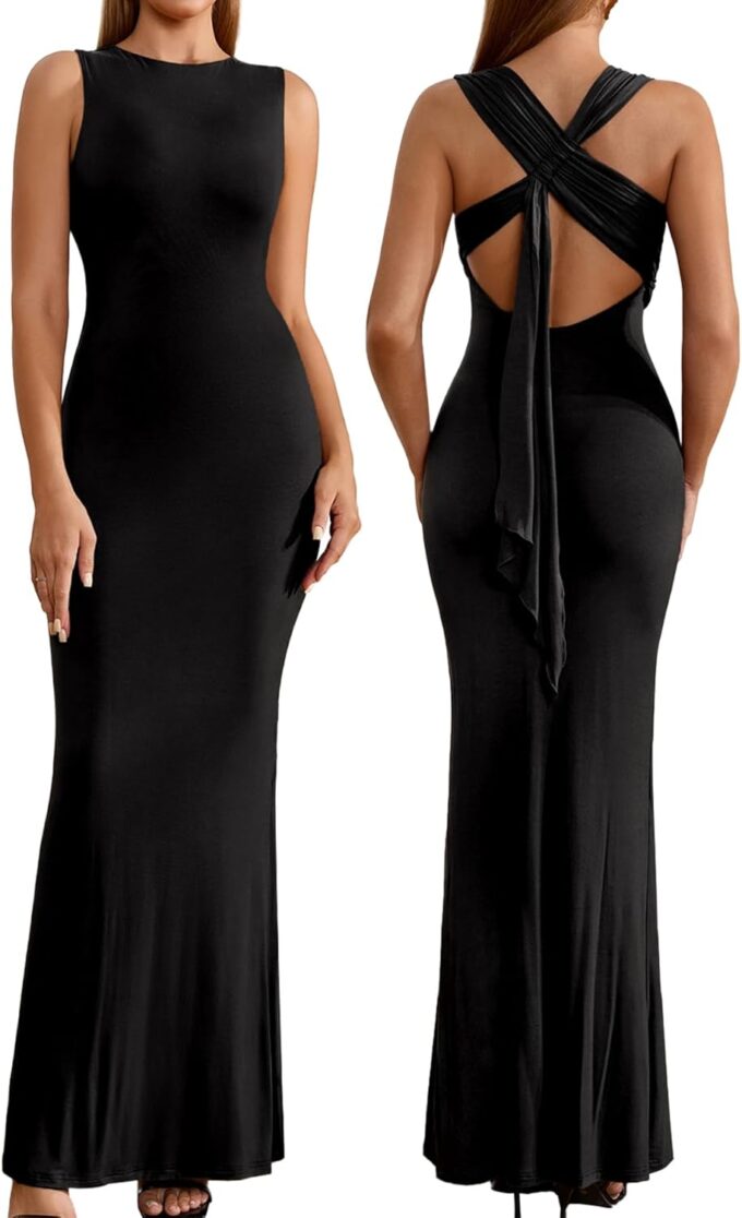 Women's Summer Backless Bodycon Maxi Dress Cross Back Strap Ruched Formal Wedding Guest Long Dresses 2025