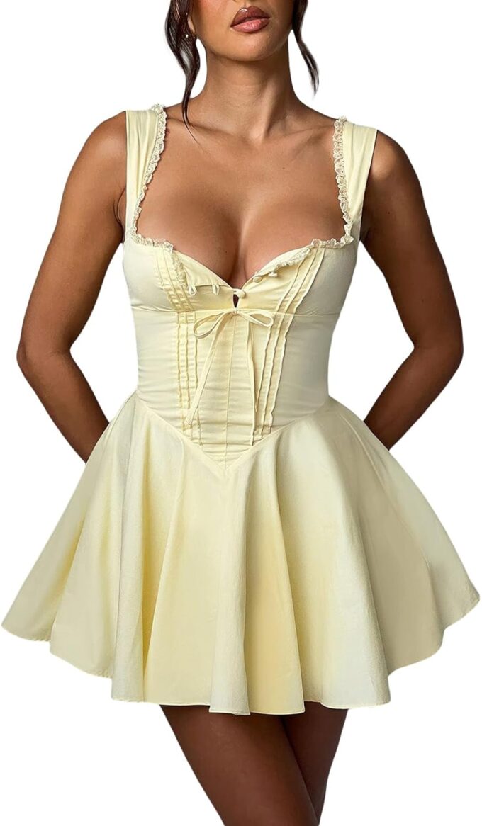 Aopwsrlyi Women Sexy Corset Mini Dress Sleeveless Backless Ruffle A Line Mini Dress Summer Going Out Party Club Dress