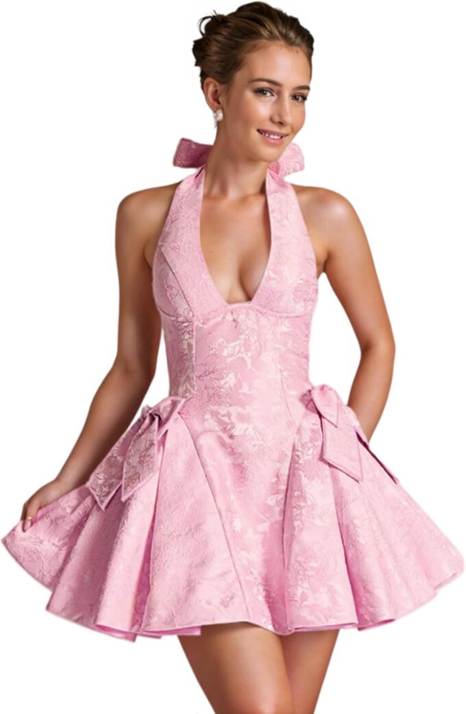 RARITYUS Jacquard Satin Homecoming Dress with Bow for Teens Women Sexy Low Cut Mini Dress A Line Graduation Dresses