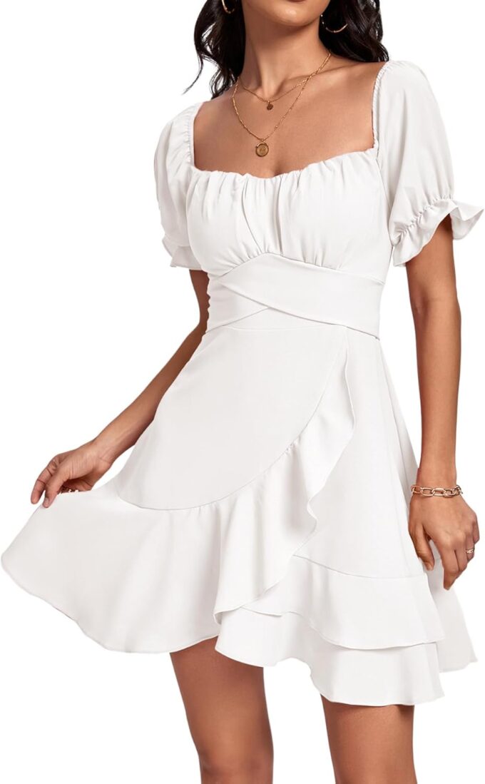 LYANER Women's Square Neck Ruffle Wrap Mini Dress Off Shoulder Flounce Short Sleeve A Line Flowy Dress
