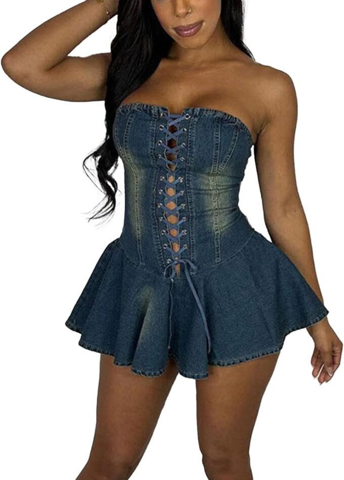 Sexy Tube Denim Dress Corset Strapless Ruffled Hem Jean Mini Dress