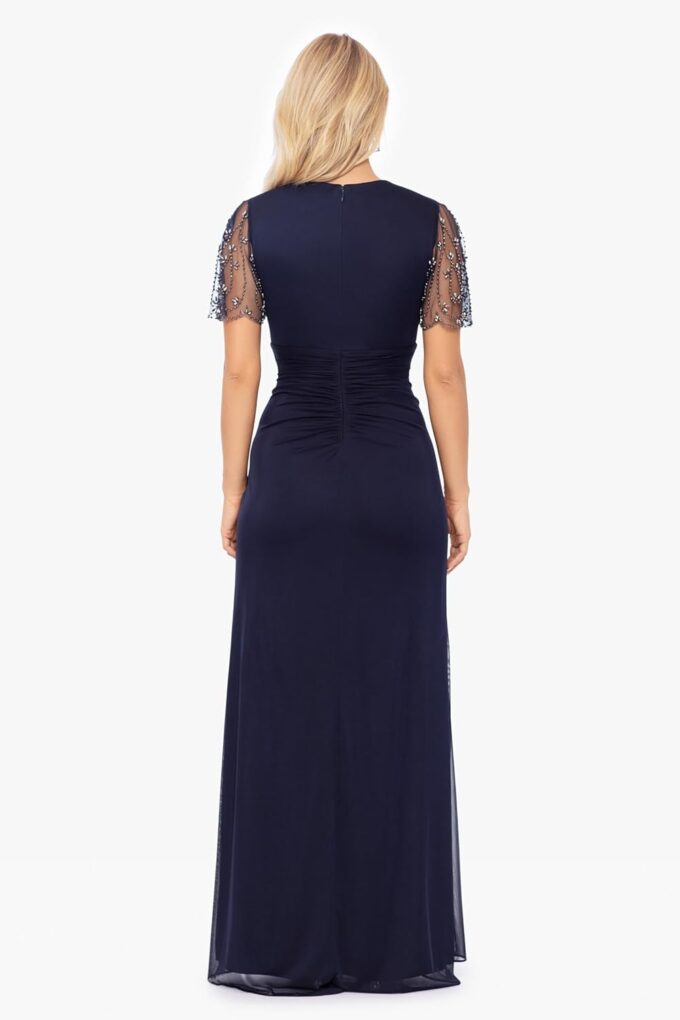 Xscape Women's Sheer Matte Jersey Maxi Dress with Beaded Sleeves and Side Ruching – Bild 2
