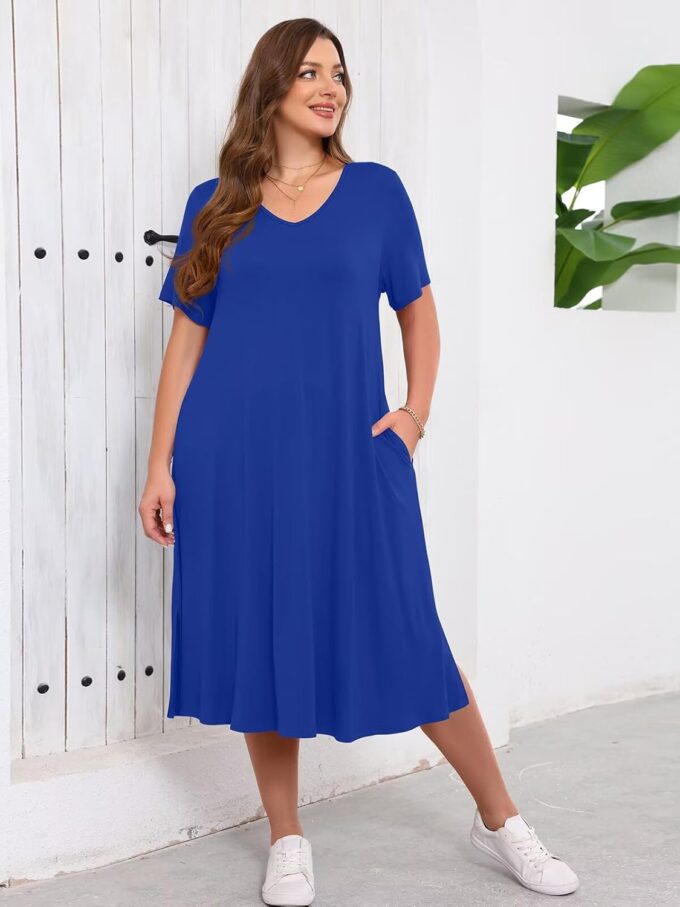 BELAROI Women Plus Size Dresses Summer Casual Loose Midi Tshirt Dress V Neck Short Sleeve Sundress Beach Cover Ups Pockets – Bild 4