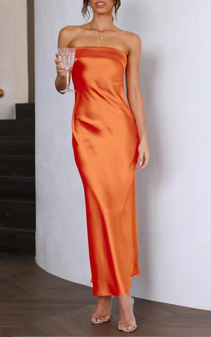 Women Summer Lightweight Satin Maxi Bodycon Dress Strapless Tube Backless Hollow Out Long Party Dress – Bild 2