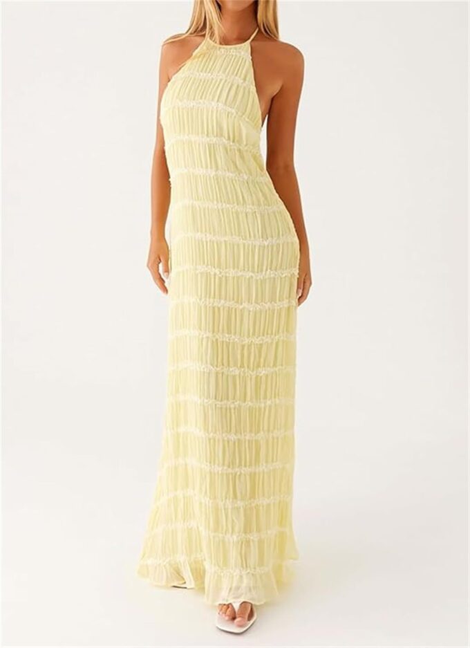 Women Halter Ruched Maxi Dress Backless Sleeveless Long Dress Bodycon See Througn Pleated Sundress Beachwear – Bild 2