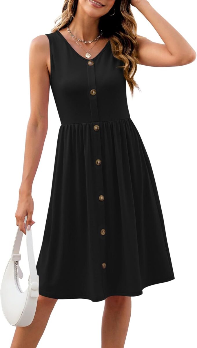 Women's Casual Summer Dress Sleeveless V-Neck A-Line Midi Length Elastic Waist Flowy Boho Beach Dresses
