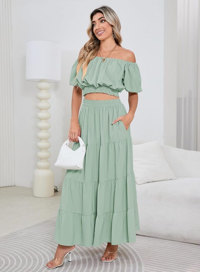 HUUSA 2025 Summer 2 Piece Boho Outfits for Women Short Sleeve Off Shoulder Crop Top and High Waist Flowy Long Skirt Set – Bild 4