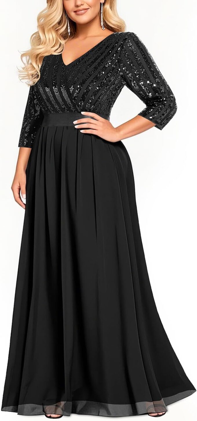 Womens Plus Size Formal Dresses - V Neck 3/4 Sleeve Sequin Prom Evening Gowns Long Maxi Dress