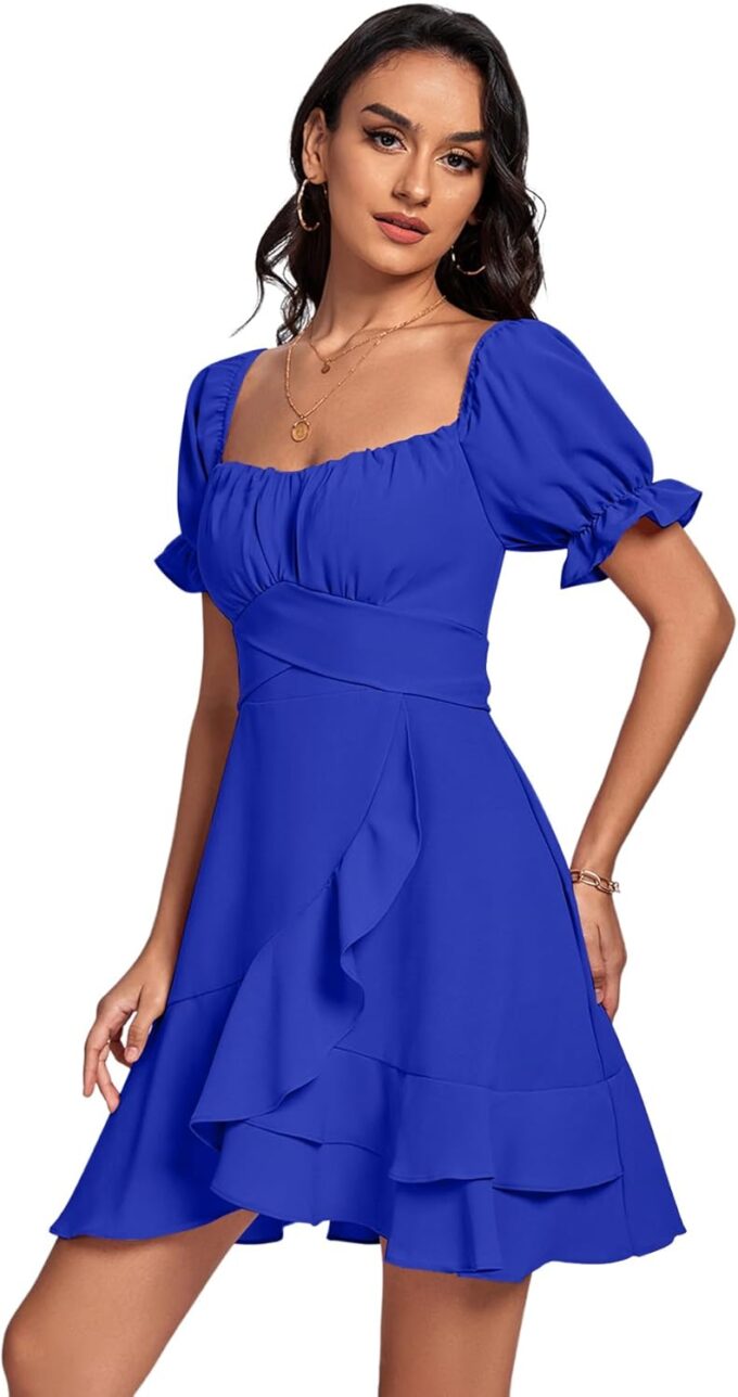 LYANER Women's Square Neck Ruffle Wrap Mini Dress Off Shoulder Flounce Short Sleeve A Line Flowy Dress – Bild 2