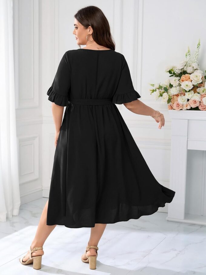 SCOMCHIC Women's Plus Size Wedding Guest Dress Smocked V Neck Short Ruffle Sleeve Split Flowy Summer Cocktail Dresses – Bild 6