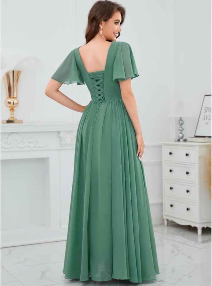 V Neck Chiffon Bridesmaid Dress with Slit Flutter Sleeve Chiffon Pleated Formal Prom Dresses for Women – Bild 2
