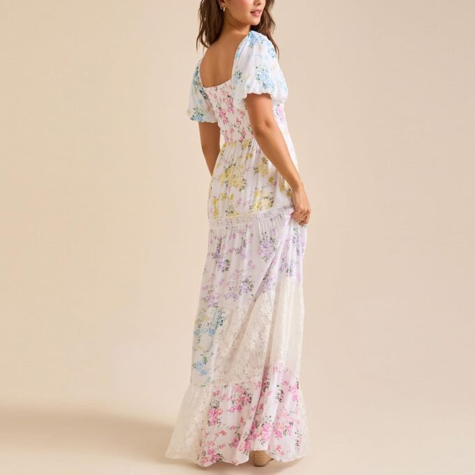 Women Patchwork Dress Y2k Floral Patchwork Maxi Dress Puffy Short Sleeve Square Neck Smocked Tiered Ruffle Sundress – Bild 6