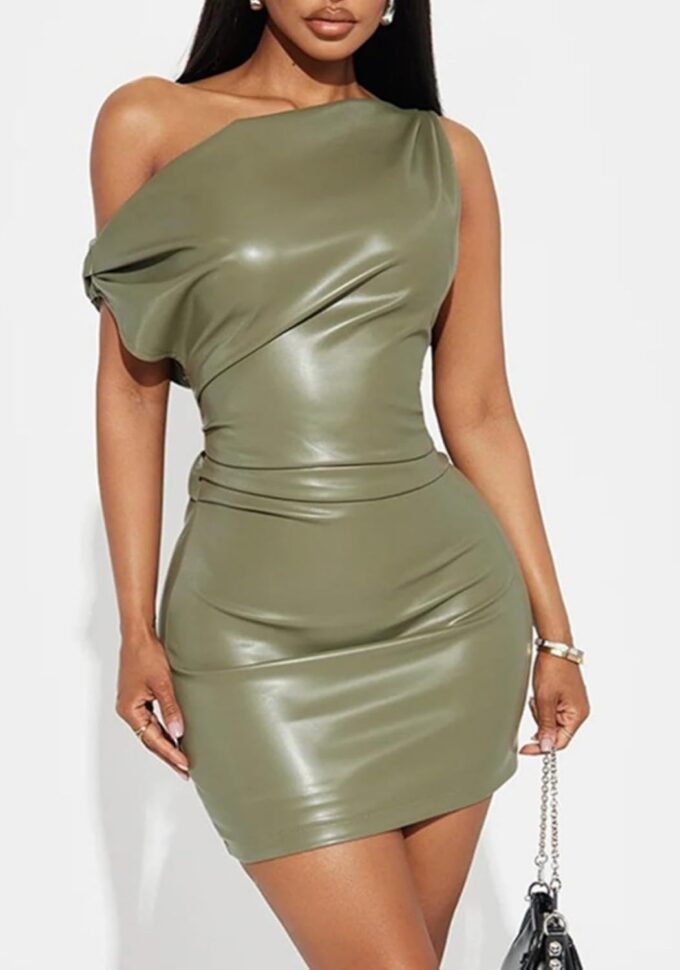 Unybwonn Women Sexy One Shoulder Faux Leather Mini Dress Sleeveless Ruched Bodycon Club Party Short Dresses – Bild 5