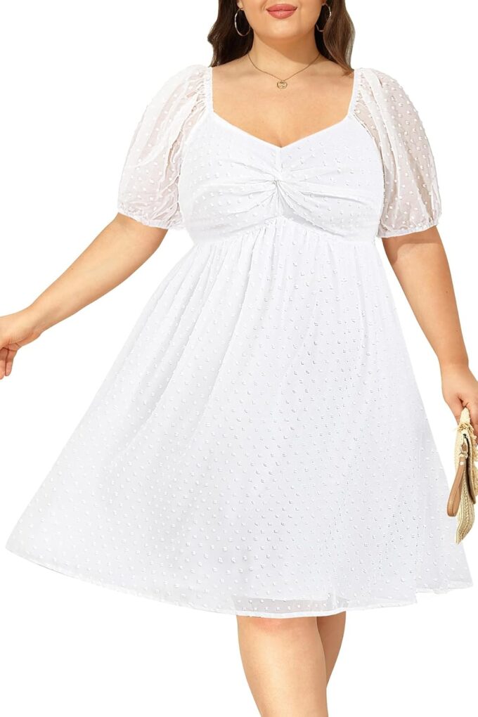 Plus Size Graduation Dress - Summer Swiss Dot Sweetheart Neckline Short Sundress Puff Sleeve Cute Flowy Chiffon Dresses – Bild 5