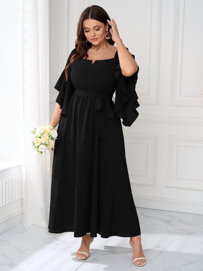SCOMCHIC Women Plus Size Wedding Guest Maxi Dress Square Neck Ruffle 3/4 Sleeve Belted Slit A Line Formal Long Dresses – Bild 3