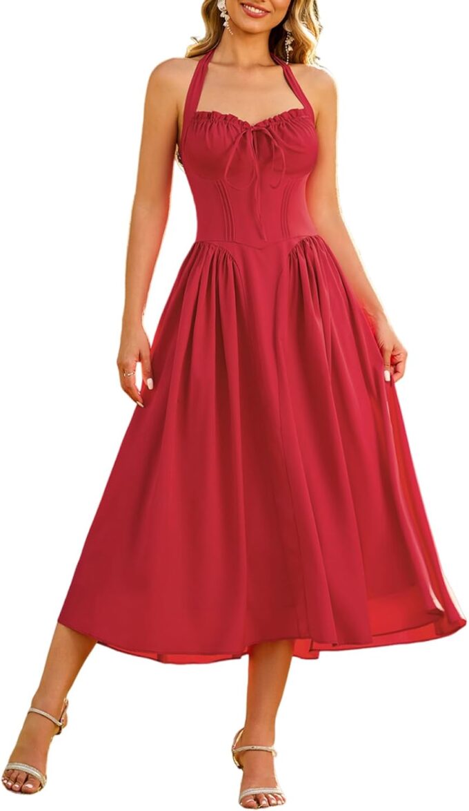 XinFSh Women's Summer Halter Midi Dress Casual Sleeveless Flowy Corset Dresses Sweetheart Milkmaid Beach Vacation Sundress