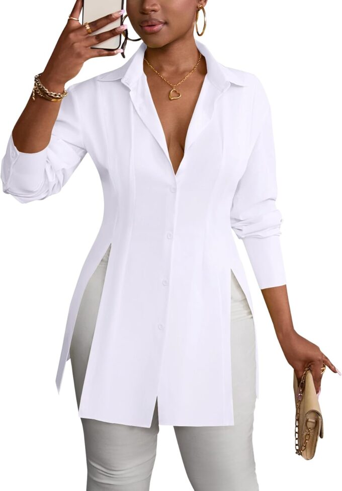LYANER Women's Button Down Shirt Dress Collar V Neck Long Sleeve Slit Sexy Shirt Dresses – Bild 4