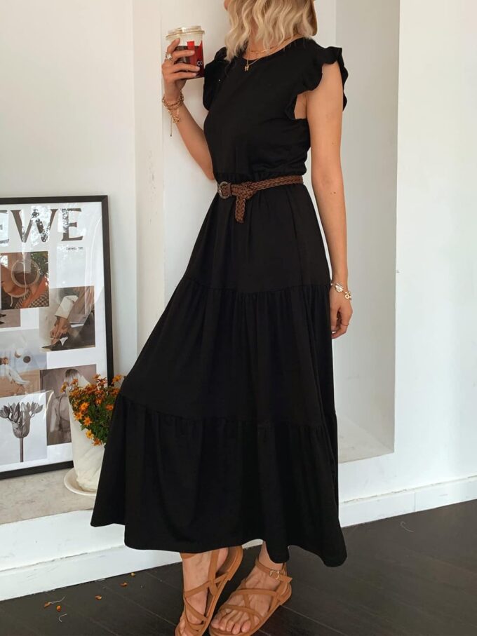 Women's Summer Sleeveless Maxi Dress Ruffle Sleeve Crewneck Tiered Flowy Pleated Casual A Line Sundress with Pockets – Bild 3