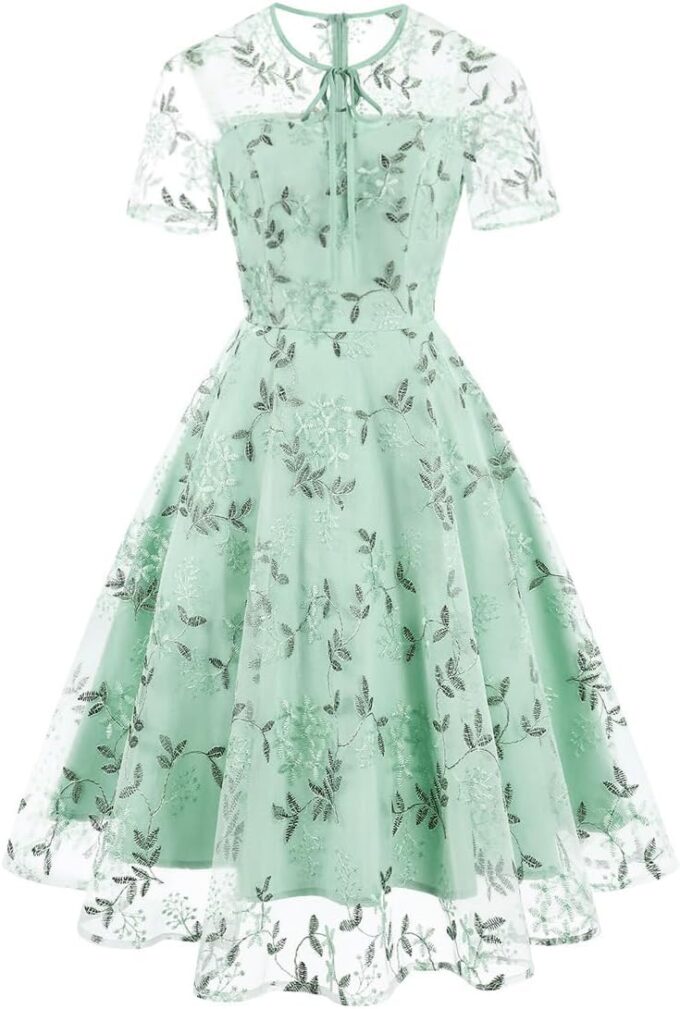 Women Floral Embroidery Dress Sheer Mesh Illusion Vintage Cocktail Swing Dress Wedding Party Prom Tulle Dinner Dress