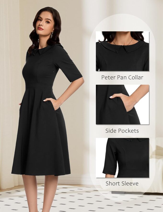 Bbonlinedress Womens Vintage Cocktail Dress Formal Wedding Guest Church Long Sleeve Peter Pan Collar Swing Midi Dresses – Bild 4