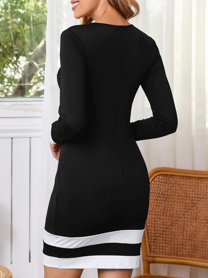 YIQ8 Damen-Arbeitskleid, Business, Casual, Colorblock, gestreift, elegant, langärmelig, Rundhalsausschnitt, Strick, figurbetontes Minikleid – Bild 4