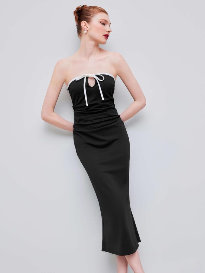 CIDER Strapless Tude Bodycon Midi Dress Ruched Tie Knotted Cocktail Party Summer Dresses – Bild 2