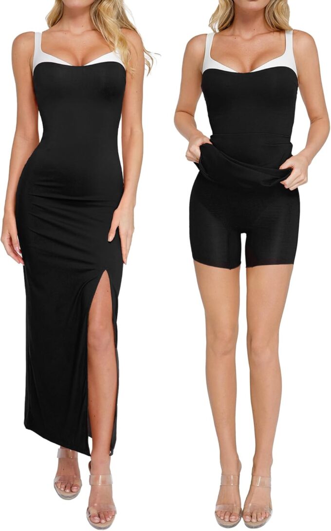 Popilush Summer Maxi Dress for Women - Shapewear Formal Cocktail Party Long Dresses Contrast Trim V Neck Bodycon Dress