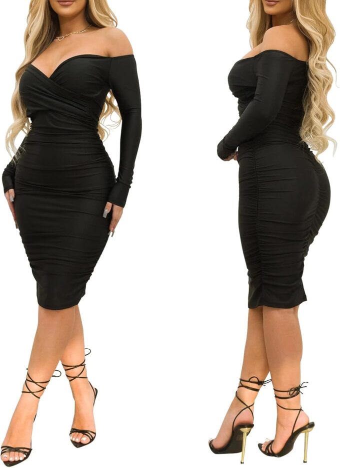 Women's Sexy Deep V Neck Off Shoulder Ruched Bodycon Long Sleeve Midi Dress Evening Party Cocktail Dress – Bild 3