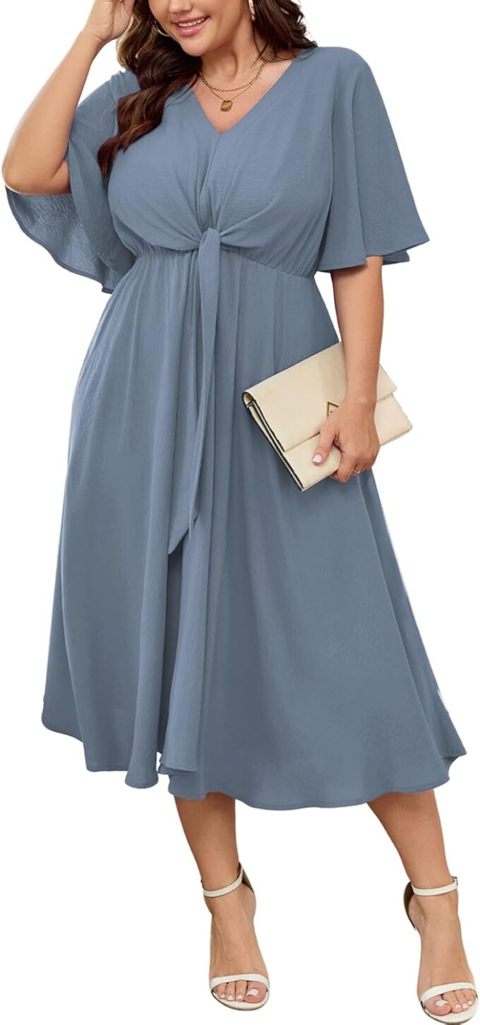 SCOMCHIC Women Plus Size Midi Dresses Wedding Guest Short Sleeve V Neck Tie Waist Casual Summer Flowy A Line Dress