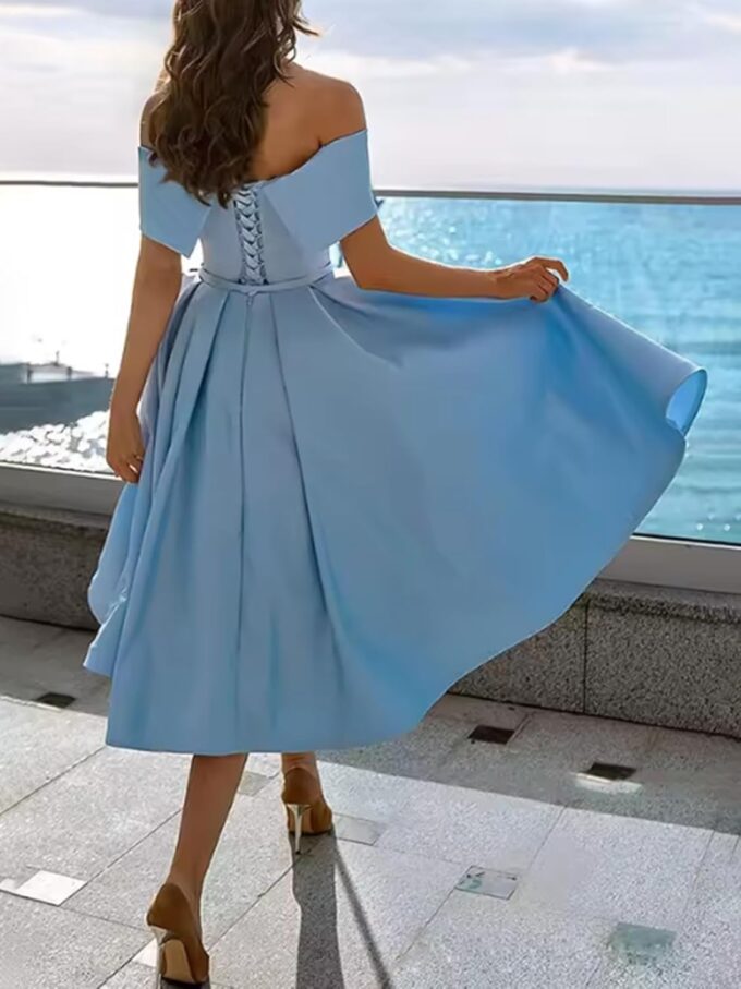 Modest Strapless Short Homecoming Dresses for Teens 2025 Satin A Line Off The Shoulder Tea Length Cocktail Dress – Bild 2