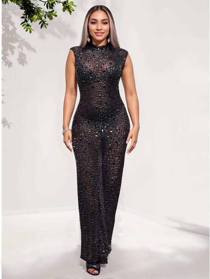 Women Sexy Elegant Sparkly Rhinestone Bodycon Jumpsuit Wide Leg Mesh See Through Party Club Night Outfit – Bild 2