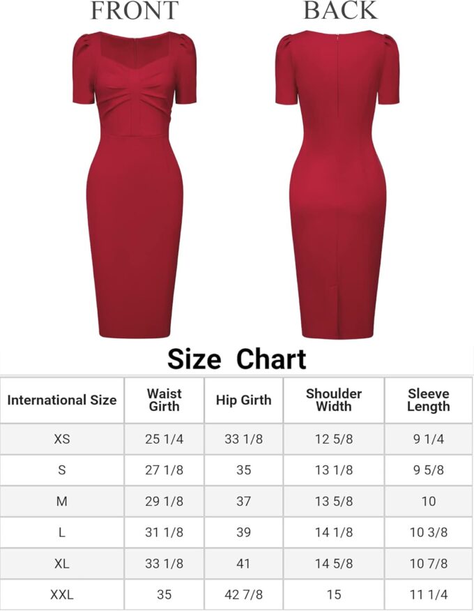 Hobemty Damen Etuikleid Herzausschnitt Puff Kurzarm Vintage Bleistift Kleid – Bild 5