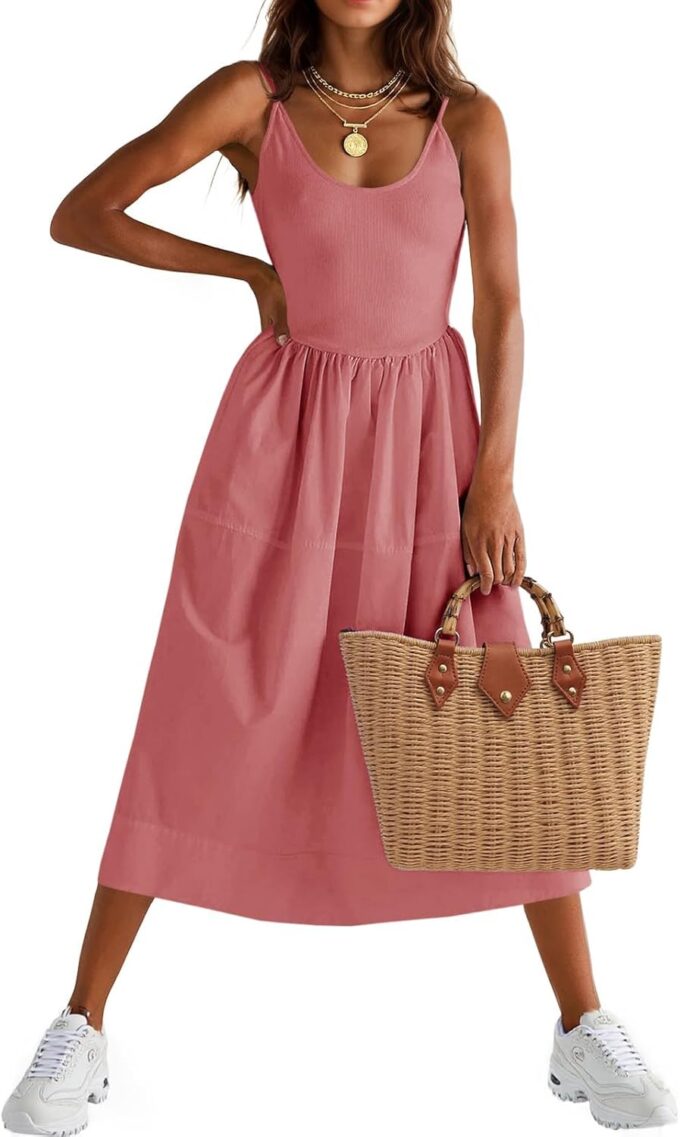 Fisoew Womens Spaghetti Strap Dress V Neck Backless Summer Casual A Line Cami Dress with Pocket