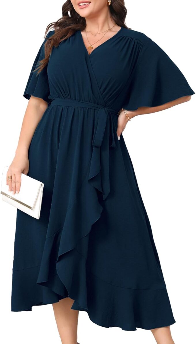 Plus Size Formal Wedding Guest Cocktail Dresses for Curvy Women Maxi Dress Wrap V Neck Short Sleeve