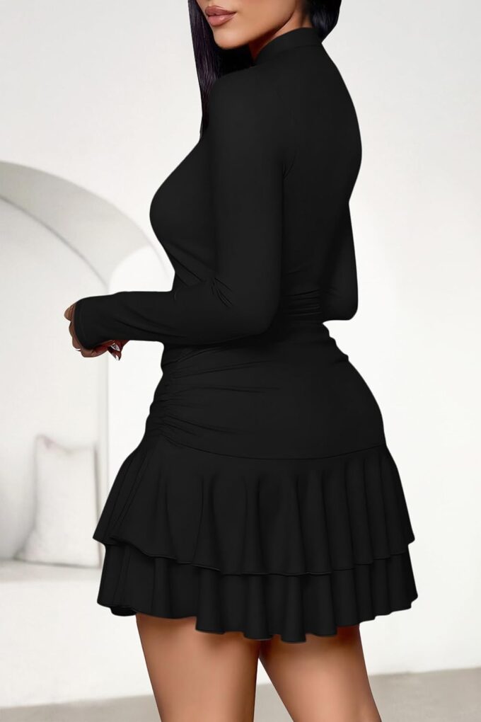 PRETTYGARDEN Women's Fall Long Sleeve Dresses 2025 Mock Neck Ruched Y2K Clothes Ruffle Layered Bodycon Mini Party Dress – Bild 5